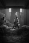  2021 5_fingers anthro breasts canid canine digital_media_(artwork) duo erection eye_contact female fingers fox fur genitals greyscale hay hay_bale hi_res humanoid_hands inside ipoke lagomorph leporid looking_at_another lying male male/female mammal monochrome navel nipples nude on_back on_hay penis predator/prey rabbit 
