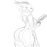  1:1 2016 alien big_butt breasts butt butt_pose girokett greyscale hi_res holding_object holding_weapon monochrome pose saryn_(warframe) side_boob simple_background sketch solo standing tenno video_games warframe weapon white_background 