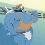  2021 anthro arkanoego barazoku baseball_cap beard belly biceps big_bulge big_muscles black_hair blastoise blue_body blue_fur blue_nipples bodily_fluids bulge clothing clothing_pull dated facial_hair fur genital_fluids hair hat headgear headwear hi_res inside jockstrap locker locker_room male musclegut muscular muscular_anthro muscular_male nintendo nipples pecs pok&eacute;mon pok&eacute;mon_(species) precum precum_through_clothing precum_through_jockstrap precum_through_underwear shell shirt shirt_pull signature solo standing story story_in_description tank_top tank_top_pull topwear topwear_pull tuft underwear vein video_games wet wet_clothing 