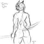  1:1 2015 anhotep anthro avian beak bird butt english_text feathers greyscale holding_melee_weapon holding_object holding_weapon looking_back male melee_weapon monochrome nude owl rear_view signature simple_background sketch solo standing tail_feathers text weapon white_background 