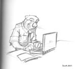  2001 anthro biped business_suit circles_(comic) clothed clothing computer desk douglas_pope elbow_tuft fully_clothed furniture greyscale k-9 laptop low_res lutrine male mammal monochrome mustelid necktie paper shirt sketch solo suit topwear traditional_media_(artwork) typing whiskers 