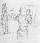  2001 anthro arthur_korsky artist biped bottomwear brush butt cheetah circles_(comic) clothing duo easel eye_contact eyebrows facial_markings felid feline gesture greyscale head_markings hi_res k-9 ken_brassai looking_at_another male mammal markings monochrome nude paintbrush painting pants plantigrade raised_tail rear_view shirt short_tail sketch slim slim_anthro slim_male smile standing tank_top thumbs_up tight_bottomwear tight_clothing tight_pants topwear traditional_media_(artwork) ursid 