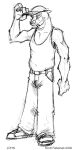  2002 anthro badger biped bottomwear circles_(comic) clothed clothing elbow_tuft english_text footwear front_view full-length_portrait fully_clothed fur greyscale grin hat hat_tip headgear headwear john_brockhurst k-9 looking_at_viewer male mammal monochrome mustelid musteline narrowed_eyes pants portrait shirt shoes sketch slightly_chubby slightly_chubby_anthro slightly_chubby_male smile solo striped_body striped_fur stripes tank_top teeth text topwear traditional_media_(artwork) 