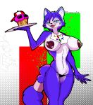  anthro big_breasts bikini bikini_bottom bikini_top blue_body blue_eyes blue_fur bodily_fluids breasts canid canine clothing cupcake diamonsion digital_media_(artwork) erection female food fox fox_mccloud fur hair hi_res krystal looking_at_viewer mammal nintendo nipple_tape nipples nude open_mouth pasties simple_background smile solo star_fox swimwear tape tongue video_games white_body white_fur 