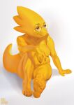  2021 alphys anthro aruurara belly breasts brown_eyes chubby_anthro chubby_female claws eyewear featureless_breasts female glasses hi_res makeup mascara medium_breasts non-mammal_breasts nude reptile scales scalie simple_background sitting slightly_chubby smile solo thick_tail thick_thighs undertale_(series) yellow_body yellow_scales 