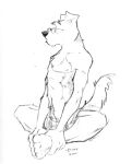  2001 anthro belly_tuft biped bottomwear canid canine canis chest_tuft circles_(comic) clothing domestic_dog eyebrows eyes_closed eyewear feet_together feet_together_knees_apart floppy_ears front_view glasses greyscale head_tuft holding_feet k-9 low_res male mammal meditation monochrome nipples paul_mayhew pecs shorts shorts_only sitting sketch solo traditional_media_(artwork) tuft 