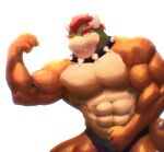  abs anthro barazoku biceps big_muscles bowser clothing collar eyebrows flexing hair hi_res horn kattotheshibe koopa looking_at_viewer male mario_bros muscular muscular_anthro muscular_male nintendo pecs red_eyes red_hair reptile scalie shell-less solo speedo spiked_collar spikes swimwear teeth thick_eyebrows video_games yellow_body 