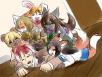  alyssa_(tetsushi) ambiguous_gender anthro beltrax_kagayaki black_hair blonde_hair bottomwear brown_body brown_fur brown_hair canid canine canis clothing dipstick_ears dipstick_tail dog_pile domestic_cat domestic_dog elm_(tetsushi) eyes_closed eyewear felid feline felis female fox fur glasses group hair heather_(tetsushi) hi_res human lagomorph laurence_(tetsushi) leporid lily_(tetsushi) male mammal markings multicolored_ears one_eye_obstructed open_mouth orange_body orange_fur rabbit red_hair reed_(tetsushi) skirt smile tail_markings teeth tetsushi ursid white_body white_fur wolf young 