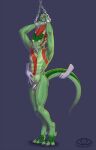  anthro argonian bethesda_softworks biped chastity_cage chastity_device claws countershading feathers ghost_hand green_body green_markings hi_res horn ladychimaera markings muzzle_(disambiguation) red_body red_feathers red_markings restraints scalie shackles shows-his-scales the_elder_scrolls video_games yellow_eyes 