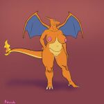  1:1 anthro blue_eyes bodily_fluids breasts charizard claws female flame_tail genital_fluids genitals hi_res horn leaking_pussy nintendo nipples orange_body orange_skin pok&eacute;mon pok&eacute;mon_(species) pussy pussy_juice revodo solo spread_wings video_games wings 