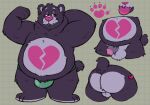  2021 anthro balls belly black_body black_fur bulge butt campfire_donut care_bears clothing fur genitals hi_res humanoid_genitalia humanoid_hands humanoid_penis male mammal model_sheet multiple_poses overweight overweight_male penis pink_nose pose solo tongue tongue_out underwear ursid 