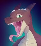  anthro biped bodily_fluids brown_body bryce_daeless countershading green_eyes hi_res horn kobold male mouth_shot open_mouth pinedx pupils saliva slit_pupils solo tan_body tongue tongue_out 