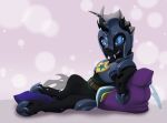  2017 armor arthropod ashley-arctic-fox black_body black_skin blue_eyes bottomless changeling clothed clothing evening_breeze fan_character fangs feral friendship_is_magic hasbro hi_res hole_(anatomy) horn horseshoe looking_at_viewer lying male my_little_pony pillow pinup pose quadruped reclining smile solo teeth 