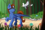  airiniblock avian bird_feet blue_body blue_eyes brown_hair collar cutie_mark der equid equine eyewear eyewear_on_head fan_character feathered_wings feathers feral forest goggles goggles_on_head gryphon hair hi_res hooves leash male mammal mane micro my_little_pony mythological_avian mythology paws pegasus plant quadruped seaward_skies size_difference small_dom_big_sub solo tail_tuft tree tuft wings 