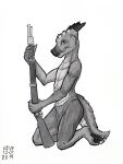  anthro biped bryce_daeless claws countershading gun hi_res horn kneeling kobold male pawpads pupils ranged_weapon rifle slit_pupils solo veve weapon 