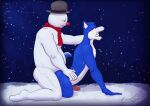  anal anthro blue_body blue_fur canid canine canis clothing cowardlion finger_in_mouth frosty_the_snowman fur hat headgear headwear humanoid male male/male mammal red_nose scarf simple_background snow snowman wolf 