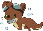  black_nose brown_body bryce_daeless bubble chibi countershading cutepencilcase eyewear eyewear_on_head feral fish goggles goggles_on_head green_eyes lutrine male mammal marine mustelid paws tan_body 