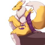  1:1 absurd_res anthro areola bandai_namco big_breasts black_sclera blue_eyes breasts canid canine digimon digimon_(species) female fur hi_res mammal nipples nude renamon solo taphris white_body white_fur yellow_body yellow_fur 