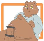  2021 anthro balls belly blush brown_body censored clothing erection genitals hi_res humanoid_genitalia humanoid_penis kemono male mammal moobs nipples overweight overweight_male penis shirt simple_background solo topwear ume_ume27 ursid yellow_eyes young 