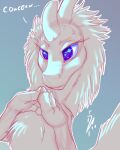  2021 4:5 ambiguous_gender anthro blue_background blue_eyes claws dark-ahroun-friesian dialogue digital_drawing_(artwork) digital_media_(artwork) dragon eyelashes fingers fluffy hands_together hi_res horn looking_at_viewer partially_colored portrait signature simple_background sketch solo text 