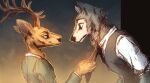  2020 absurd_res anthro antlers beastars canid canine canis cervid clothed clothing clothing_pull duo eye_contact hi_res horn legoshi_(beastars) looking_at_another louis_(beastars) louis_pulling_legoshi male mammal mollish necktie necktie_pull redraw smile wolf 