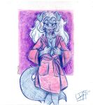  2021 anthro audrey_(lambsett) bathrobe breasts canid canine canis clothed clothing digital_media_(artwork) domestic_dog female grey_hair hair henryjdoe hi_res long_hair looking_at_viewer mammal robe simple_background smile solo tongue tongue_out traditional_media_(artwork) undressing 