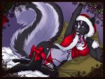  4:3 anthro big_tail blue_eyes breasts christmas christmas_clothing christmas_headwear clothing female hair hat headgear headwear holidays lingerie lying mammal mephitid multicolored_hair navel on_side raised_arm red_hair ribbons santa_hat side-tie_bottomwear skunk smile smiling_at_viewer snowflake solo syrae-universe two_tone_hair 