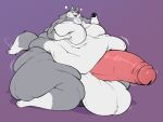 anthro balls big_balls big_penis canid canine canis dipstick_tail fur genitals gesture grey_body grey_fur hi_res huge_balls huge_penis hyper hyper_balls hyper_genitalia hyper_penis kneeling mammal markings moob_grab moobs nonbinary_(lore) obese oreocakes overweight penis shy simple_background solo tail_markings tieg_graywolf waving white_body white_fur wolf 