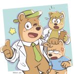  1:1 accessory anthro black_nose boo-boo_bear bow_tie brown_body brown_hair cindy_bear clothing coat eyelashes female fingers flower group hair hair_accessory half-closed_eyes hanna-barbera hat headgear headwear hi_res jellystone_(hbo_max) lab_coat mahirogim male mammal narrowed_eyes one_eye_closed open_mouth open_smile plant smile star tan_body topwear ursid wink yogi_bear yogi_bear_(character) 