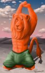  abs anthro arms_above_head athletic athletic_anthro athletic_male bottomwear bulge clay clothed clothing cloud desert eyebrows eyes_closed fangs feet felid footprints goo_creature green_clothing hi_res kneeling lion male mammal mane morning mountain muscular muscular_anthro muscular_male orange_body outside pantherine sand shaded shorts sky smile solo stretching sunrise tail_tuft teeth teeth_showing tuft wontonrhino 