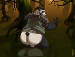  4:3 absurd_res anthro armor balls belly big_butt black_body blizzard_entertainment bottomless butt clothed clothing dark genitals giant_panda gloves hair handwear hi_res kronexfire liusha_xishou male mammal mud ominous open_mouth overweight overweight_male pandaren plant slightly_chubby solo stuck swamp thick_thighs topwear topwear_only tree ursid video_games warcraft 