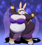  2020 4_fingers 4_toes absurd_res anthro belly big_belly big_breasts blonde_hair breasts countershade_torso countershading dancing dark_body dark_fur dr._chaos ear_piercing ear_ring eyebrows feet female fingers fur gem glowing glowing_eyes hair harem_outfit hi_res lagomorph leporid lipstick makeup mammal mind_control navel navel_piercing obese open_mouth overweight overweight_female piercing rabbit smile solo thick_eyebrows toes white_body white_countershading 