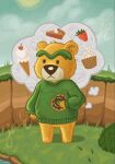  2020 animal_crossing anthro black_eyes black_nose cake chibi clothing dessert detailed_background dot_eyes doughnut food fur ice_cream male mammal nate_(animal_crossing) nintendo outside pipfrommyna slightly_chubby solo sweater topwear ursid video_games yellow_body yellow_fur 