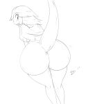  1:1 2017 anthro big_butt butt female girokett greyscale hair hi_res hood long_hair monochrome raised_tail rear_view reptile scalie signature simple_background sketch smile snake solo standing stinger_(bzeh) white_background 
