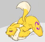  2020 anthro ass_up bandai_namco blush bodily_fluids butt digimon digimon_(species) dipstick_tail drooling female fingering fur half-closed_eyes hi_res looking_pleasured markings narrowed_eyes nude open_mouth renamon rusal32 saliva signature simple_background solo tail_markings tuft vaginal vaginal_fingering white_body white_fur yellow_body yellow_fur 
