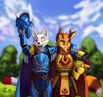  anthro canid canine canis duo fantasy fox happy hi_res jackal knight leith_(~le_boat) male male/male mammal medieval medieval_armor melee_weapon mortarionlordofdeath roblox sword warrior weapon zandarious 
