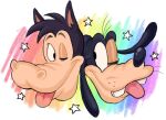  anthro black_eyes black_nose buckteeth canid canine canis disney domestic_dog duo equid equine eye_contact freckles goofy_(disney) happy horace_horsecollar horse interspecies looking_at_another male male/male mammal one_eye_closed pink_ears rainbow rockabillybun simple_background smile star teeth tongue tongue_out 