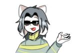  anthro blush canid canine clothed clothing eyebrows eyewear felid feline glasses hair mammal open_mouth raised_eyebrow simple_background solo sunglasses tem temmie_(undertale) topwear undertale undertale_(series) video_games white_body 