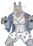  2021 abs anthro bottomwear canid canine canis clothed clothing dark-dusk digital_media_(artwork) fur hi_res male mammal muscular muscular_anthro muscular_male open_clothing open_topwear pecs simple_background solo topwear wolf 