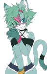  2016 anthro blush bottomwear cheek_tuft clothing countershading cutoffs denim denim_clothing domestic_cat eyewear facial_tuft felid feline felis female fur glasses green_body green_eyes green_fur green_hair hair hi_res inner_ear_fluff kemono male_(lore) mammal nakagami_takashi seiji_(nakagami_takashi) shorts simple_background smile solo tuft white_background white_body white_countershading 