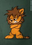  2015 absurd_res angry anthro artist_name black_eyes bottomless brown_hair brown_mane clothed clothing crossed_arms digital_drawing_(artwork) digital_media_(artwork) felid frown fur hair half-closed_eyes hi_res jynx_animated lion male mammal mane matt_(scratch21) narrowed_eyes nude pantherine scratch21 simple_background solo standing tail_tuft textured_background topless tuft yellow_body yellow_fur 