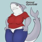  anthro clothing clothing_too_small dialogue female fish hi_res marine neronova overweight overweight_female shark solo 