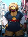  3:4 absurd_res anthro benjamin_ratterman big_breasts breasts clothing collar domestic_cat felid feline felis female fishnet garfield_(series) garfield_the_cat goth gothfield hi_res japanese_text leggings legwear looking_at_viewer mammal meme portrait punk solo spikes text thick_thighs 