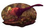  absurd_res alpha_channel ambiguous_gender avian avian-king beak blurred_background detailed_background dinosaur dirt feathered_dinosaur feathers feral grass head_crest hi_res leaf long_tail nature orange_body orange_feathers pink_eyes plant red_body red_feathers reptile scalie signature solo standing tail_feathers 