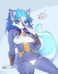  absurd_res anthro bethesda_softworks blue_eyes blue_hair clothing fallout female fur genitals hair hi_res pinup pose pussy solo spuydjeks surprise torn_clothing video_games wet white_body white_fur 