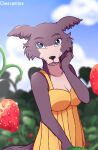  absurd_res anthro beastars canid canine canis cheesemine clothed clothing day female food fruit fur hi_res juno_(beastars) looking_at_viewer mammal outside plant solo strawberry wolf 