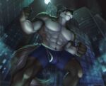  abs anthro bottomwear bulge canid canine canis city clockhands clothing domestic_dog husky macro male mammal muscular muscular_anthro muscular_male night nordic_sled_dog paul_(majin764) shorts solo spitz underwear 