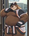  4:5 anthro balls bottomless brown_balls brown_body brown_fur brown_penis clothed clothing clothing_lift flaccid foreskin fur genitals hi_res humanoid_genitalia humanoid_penis looking_at_viewer male mammal moki overweight overweight_anthro overweight_male penis shirt shirt_lift solo topwear ursid 