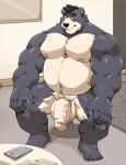  2021 absurd_res anthro balls black_nose cellphone genitals hi_res humanoid_genitalia humanoid_hands humanoid_penis jumperbear kemono male mammal musclegut overweight overweight_male penis phone sitting smartphone solo ursid 