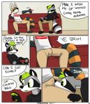  3_toes 5_fingers anthro black_body black_ears black_fur black_nose bottomwear bro bruh bulge cellphone clothed clothing comic dialogue dude duo english_text erection erection_under_clothing face_in_crotch facial_markings feet fidget_spinner fingers fully_clothed fur furniture fuzetheraccoon gesture green_eyes grey_body grey_fur head_markings hi_res inside kanon_(applejacksville) looking_at_bulge looking_at_object looking_at_phone male male/male mammal markings meme mountaindewdrawer multicolored_body multicolored_fur open_mouth orange_body orange_fur pants phone pointing procyonid raccoon shirt simple_background sitting smartphone sofa striped_markings striped_tail stripes supreme tail_markings text toes topwear white_body white_ears white_fur 